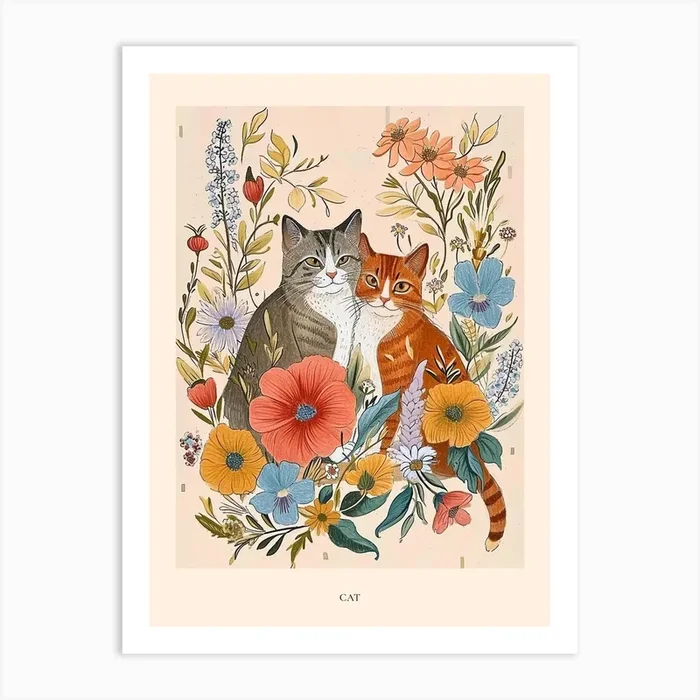 Folksy Floral Animal Drawing Cat 2 Poster Art Print by Scribble Studio