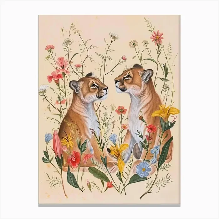 Folksy Floral Animal Drawing Cougar 2 Canvas Print by Scribble Studio