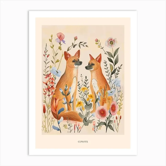 Folksy Floral Animal Drawing Coyote Poster Art Print by Scribble Studio
