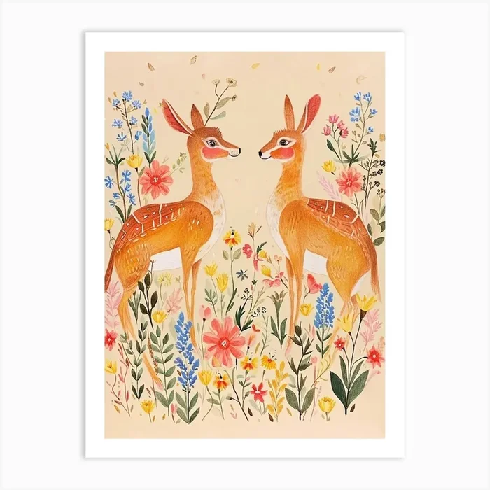 Folksy Floral Animal Drawing Deer 3 Art Print by Scribble Studio