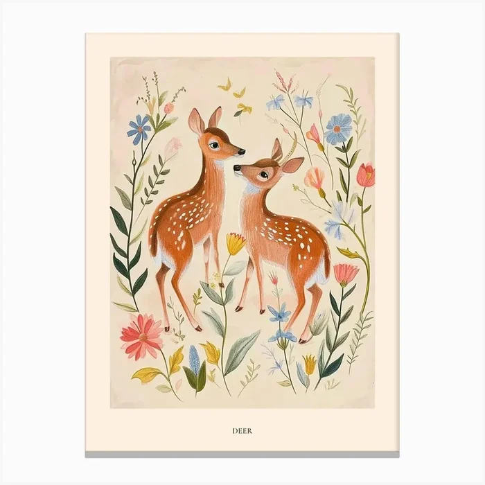 Folksy Floral Animal Drawing Deer Poster Canvas Print by Scribble Studio