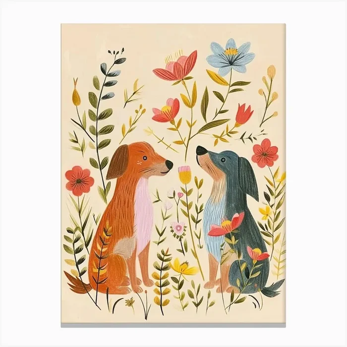 Folksy Floral Animal Drawing Dog 5 Canvas Print by Scribble Studio