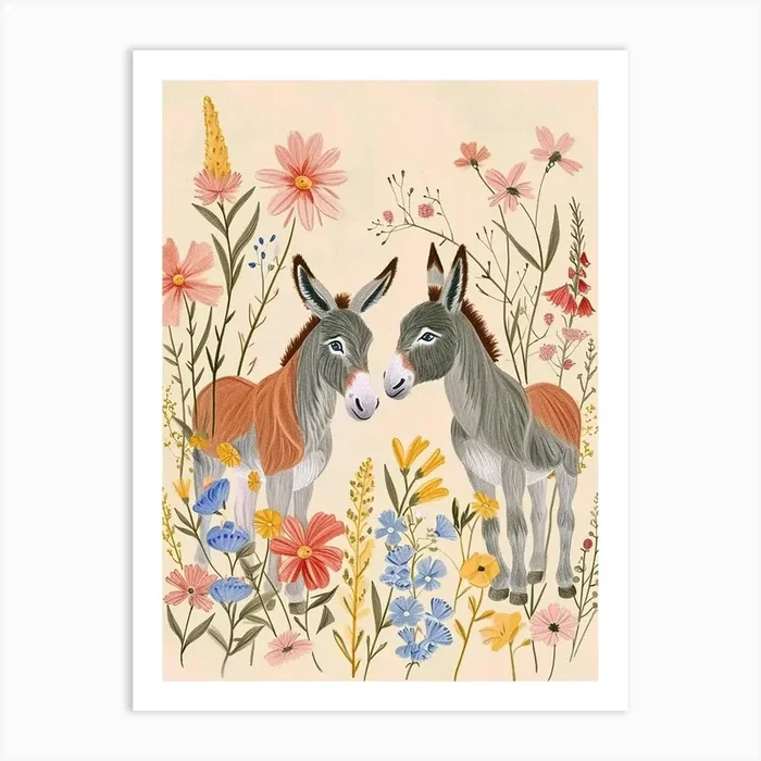 Folksy Floral Animal Drawing Donkey 3 Art Print by Scribble Studio