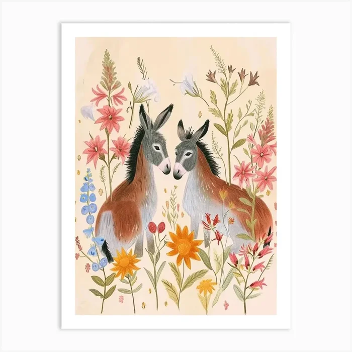 Folksy Floral Animal Drawing Donkey Art Print by Scribble Studio