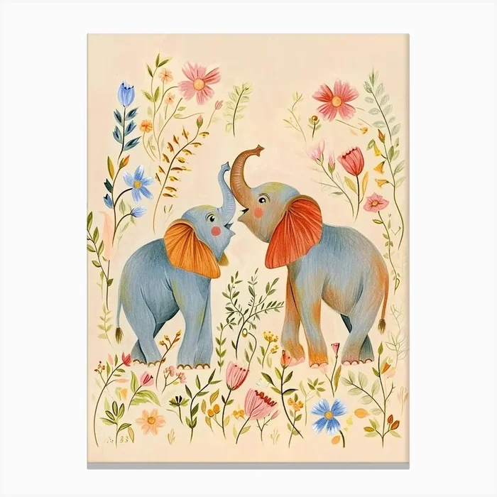 Folksy Floral Animal Drawing Elephant 3 Canvas Print by Scribble Studio