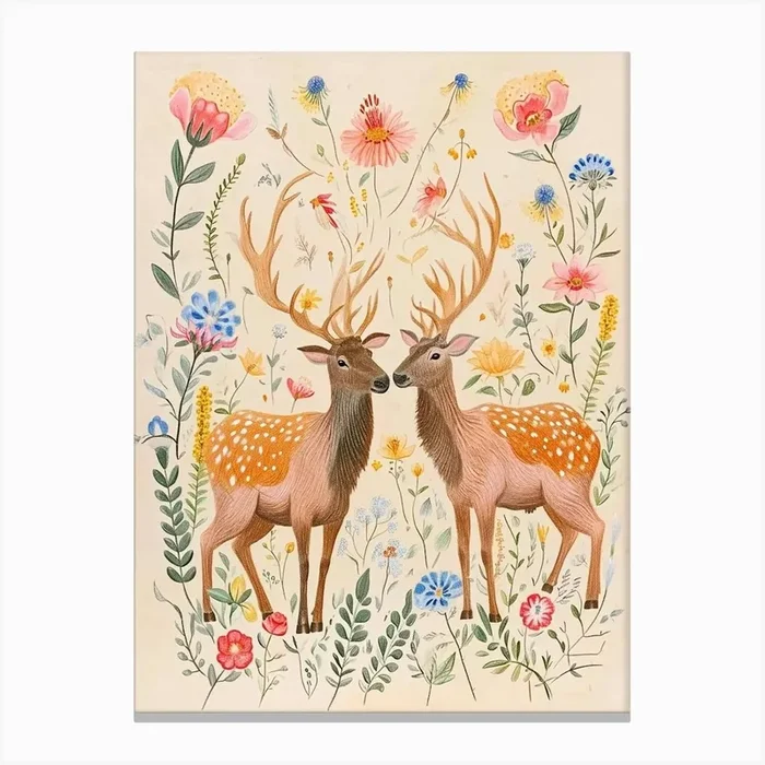 Folksy Floral Animal Drawing Elk 2 Canvas Print by Scribble Studio