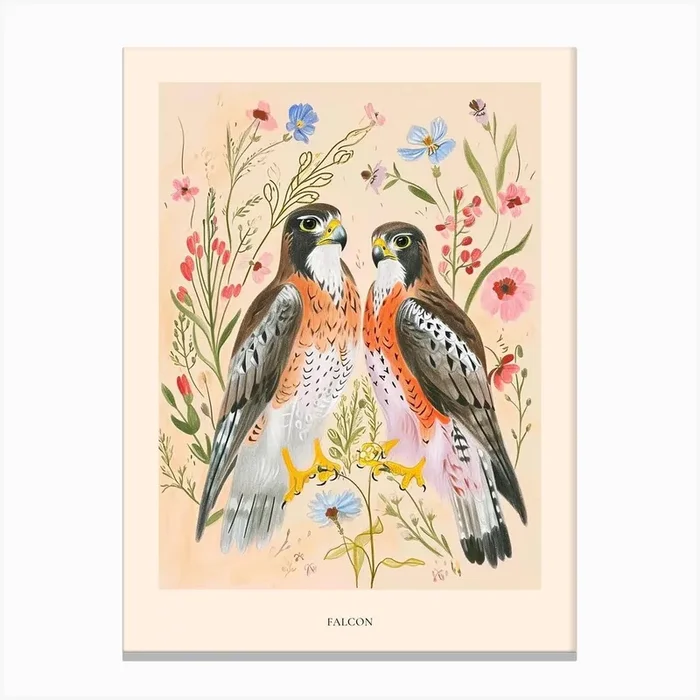 Folksy Floral Animal Drawing Falcon 4 Poster Canvas Print by Scribble Studio