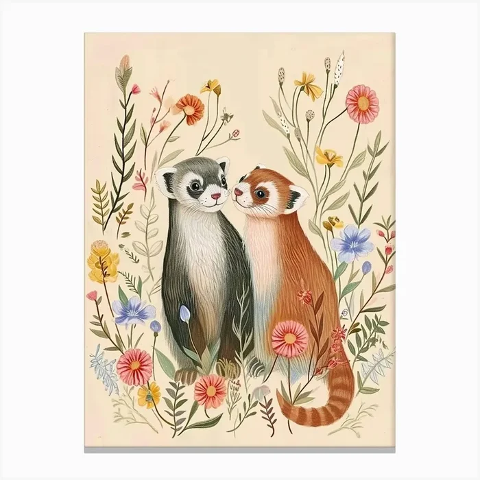Folksy Floral Animal Drawing Ferret 4 Canvas Print by Scribble Studio