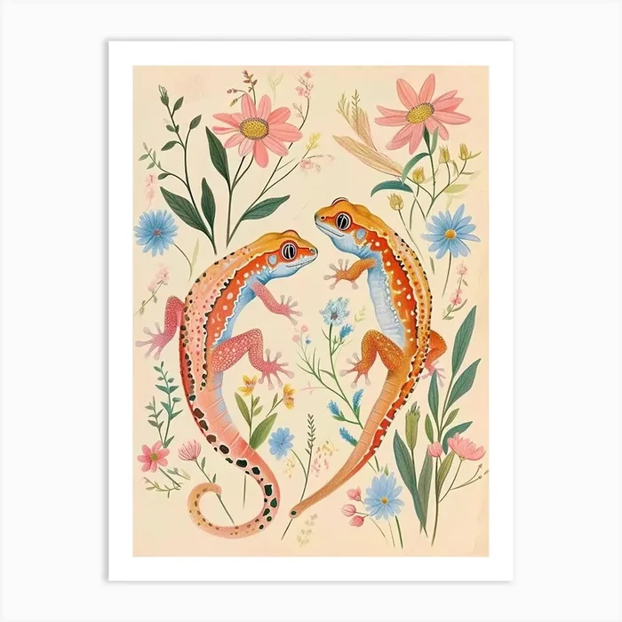 Folksy Floral Animal Drawing Gecko 2 Art Print by Scribble Studio