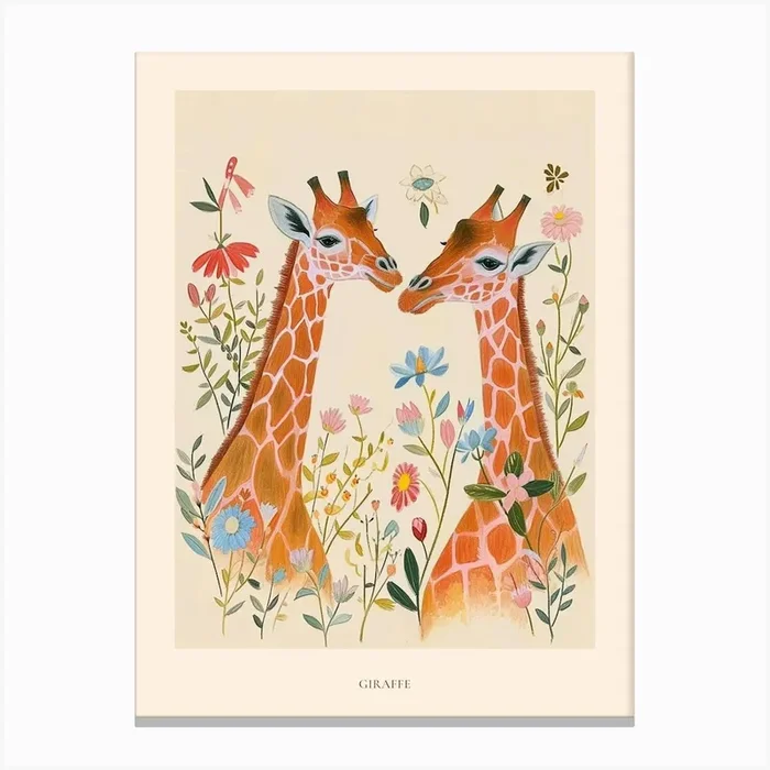 Folksy Floral Animal Drawing Giraffe 5 Poster Canvas Print by Scribble Studio