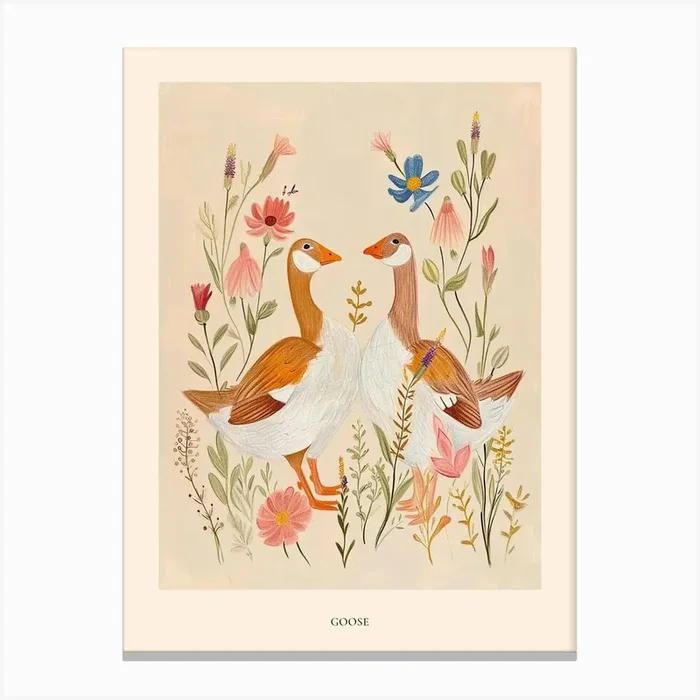 Folksy Floral Animal Drawing Goose 3 Poster Canvas Print by Scribble Studio