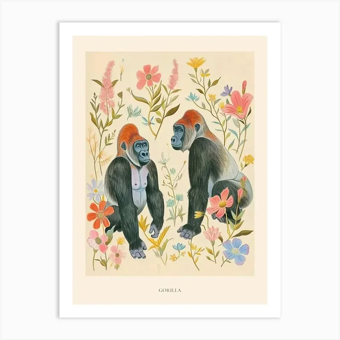 Folksy Floral Animal Drawing Gorilla 7 Poster Art Print by Scribble Studio