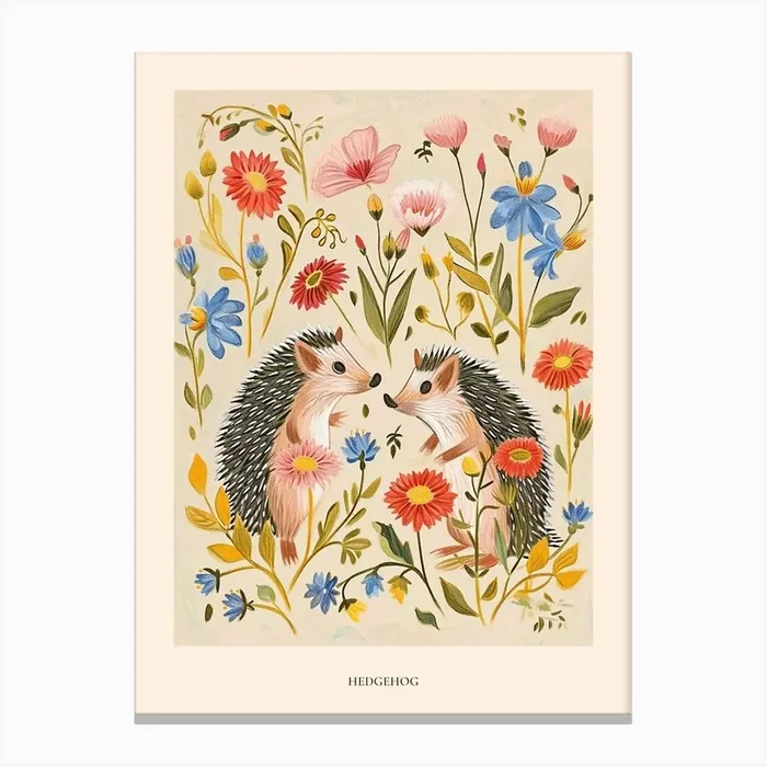 Folksy Floral Animal Drawing Hedgehog 7 Poster Canvas Print by Scribble Studio