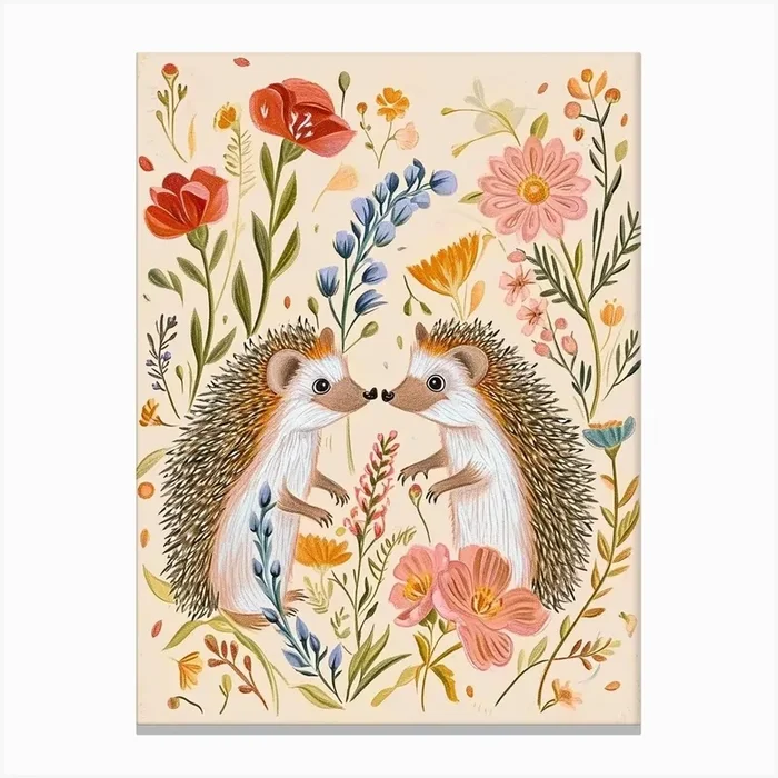 Folksy Floral Animal Drawing Hedgehog 8 Canvas Print by Scribble Studio
