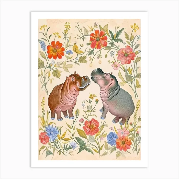Folksy Floral Animal Drawing Hippo 2 Art Print by Scribble Studio