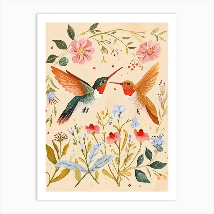 Folksy Floral Animal Drawing Hummingbird 2 Art Print by Scribble Studio