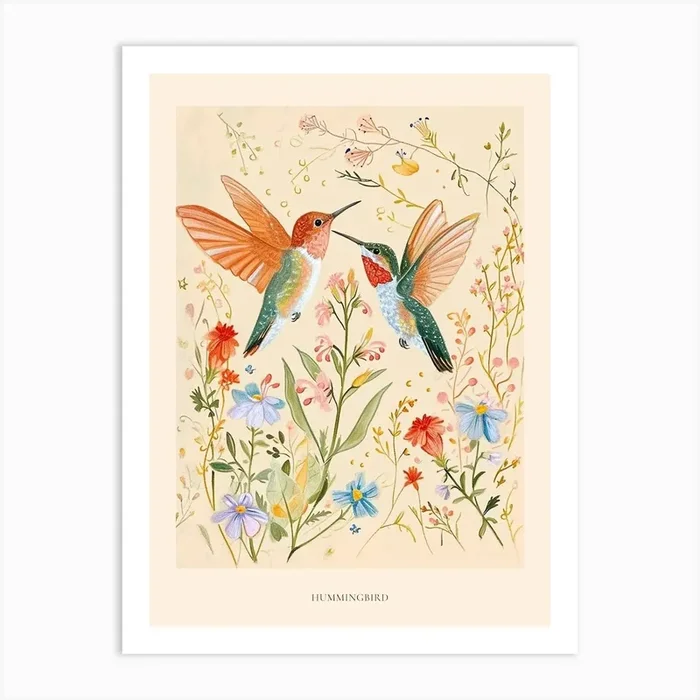 Folksy Floral Animal Drawing Hummingbird 3 Poster Art Print by Scribble Studio