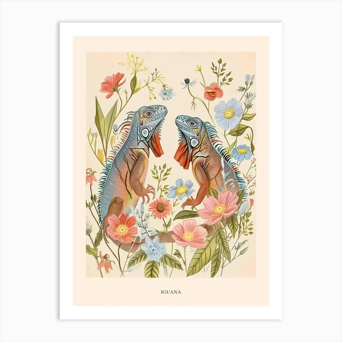 Folksy Floral Animal Drawing Iguana 1 Poster Art Print by Scribble Studio