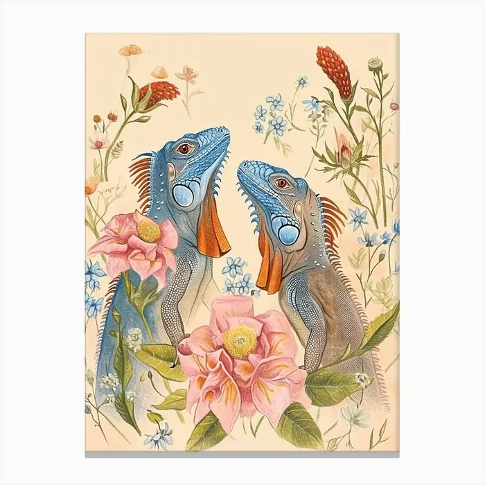 Folksy Floral Animal Drawing Iguana Canvas Print by Scribble Studio