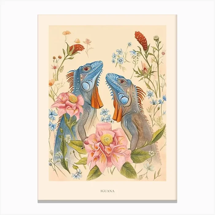Folksy Floral Animal Drawing Iguana Poster Canvas Print by Scribble Studio