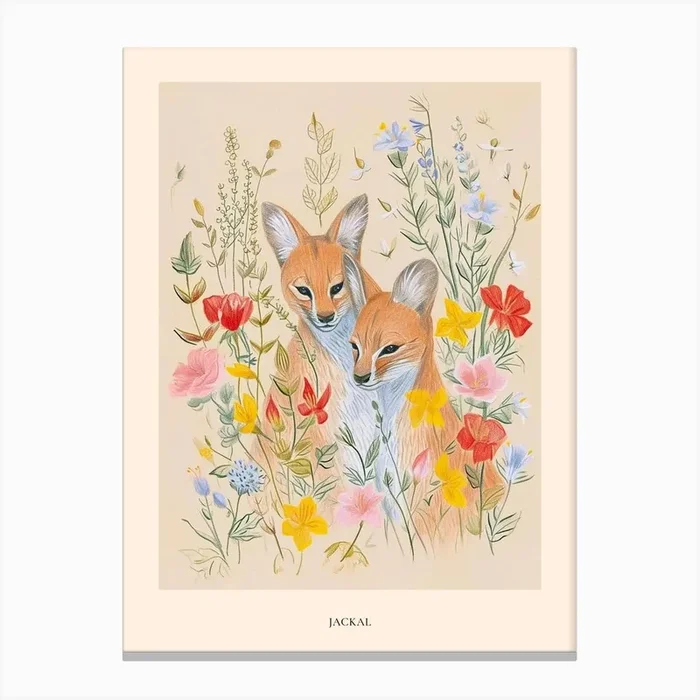 Folksy Floral Animal Drawing Jackal Poster Canvas Print by Scribble Studio