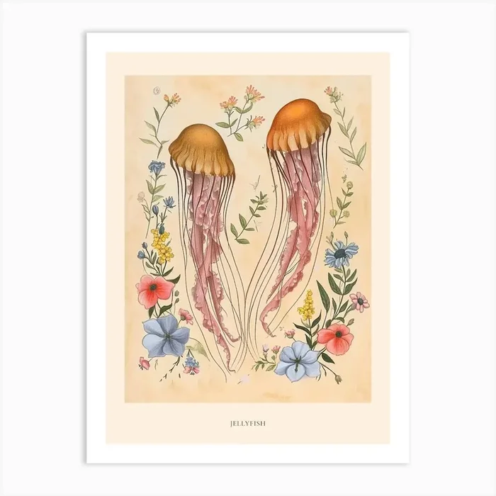 Folksy Floral Animal Drawing Jellyfish 4 Poster Art Print by Scribble Studio
