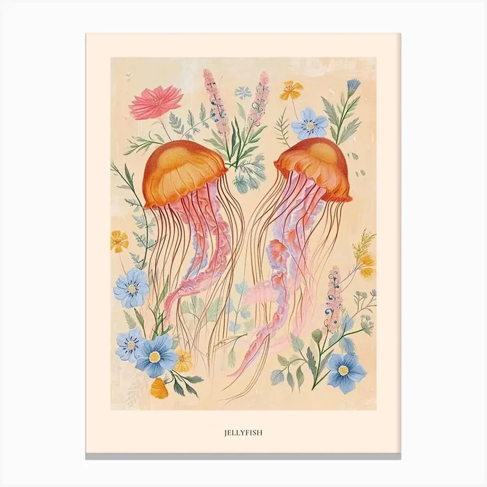 Folksy Floral Animal Drawing Jellyfish 5 Poster Canvas Print by Scribble Studio