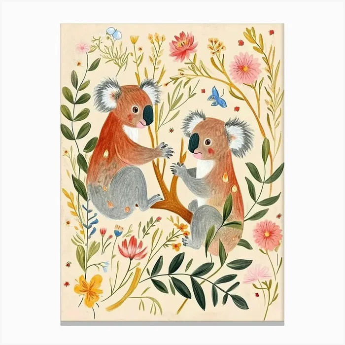 Folksy Floral Animal Drawing Koala 4 Canvas Print by Scribble Studio