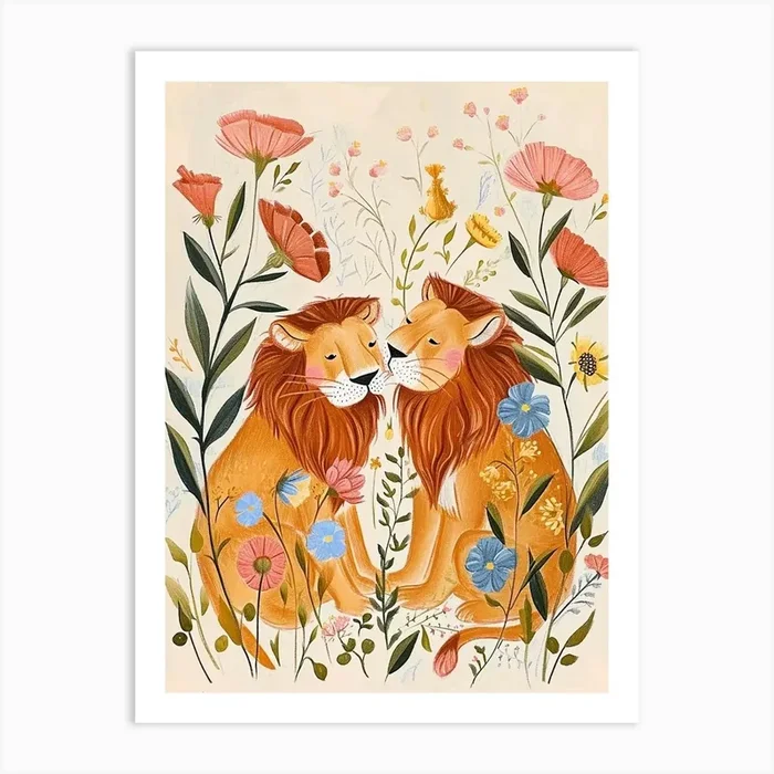 Folksy Floral Animal Drawing Lion Art Print by Scribble Studio