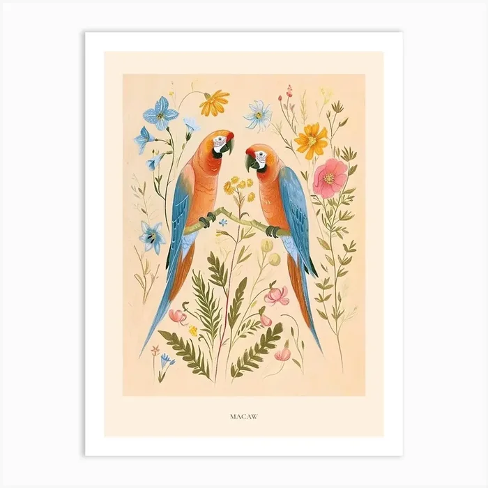 Folksy Floral Animal Drawing Macaw 2 Poster Art Print by Scribble Studio