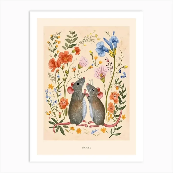 Folksy Floral Animal Drawing Mouse 3 Poster Art Print by Scribble Studio