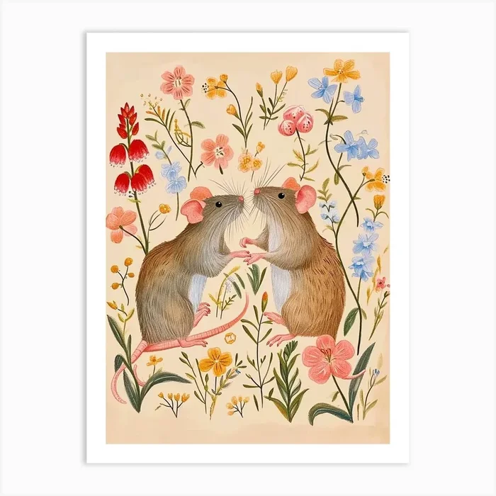 Folksy Floral Animal Drawing Mouse 6 Art Print by Scribble Studio