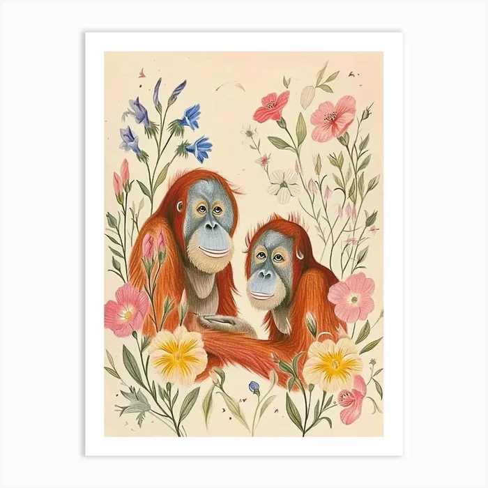 Folksy Floral Animal Drawing Orangutan 3 Art Print by Scribble Studio