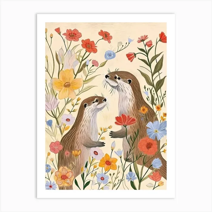 Folksy Floral Animal Drawing Otter 3 Art Print by Scribble Studio