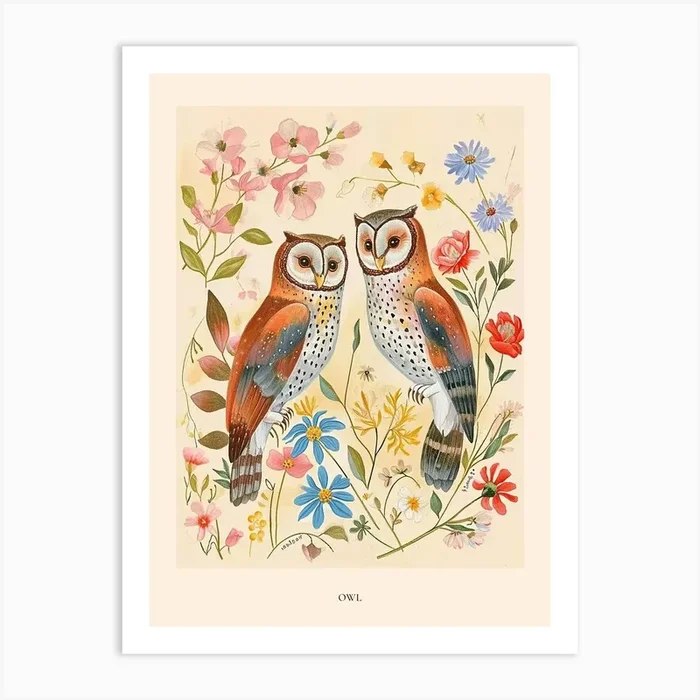 Folksy Floral Animal Drawing Owl 5 Poster Art Print by Scribble Studio