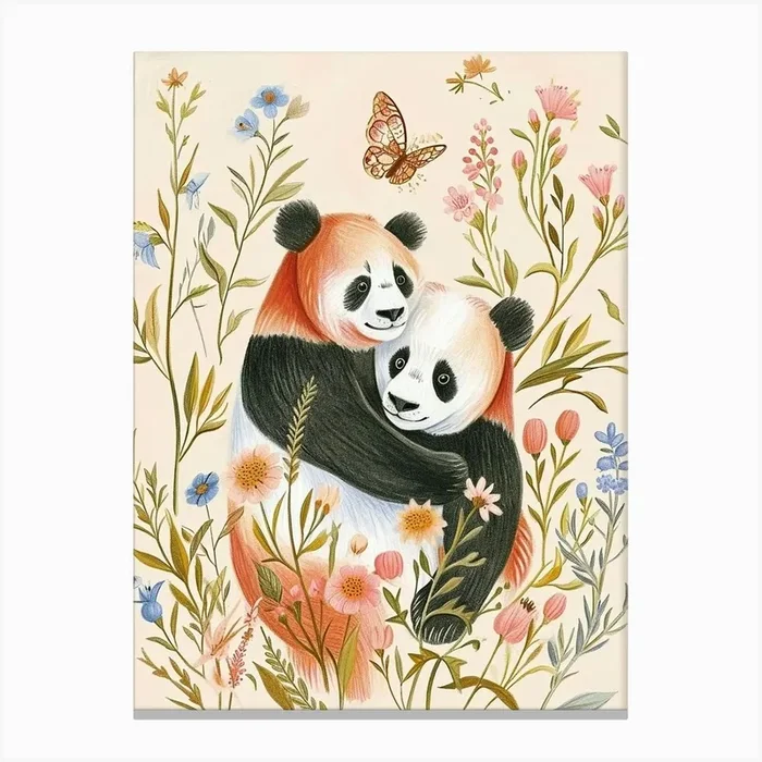 Folksy Floral Animal Drawing Panda 2 Canvas Print by Scribble Studio