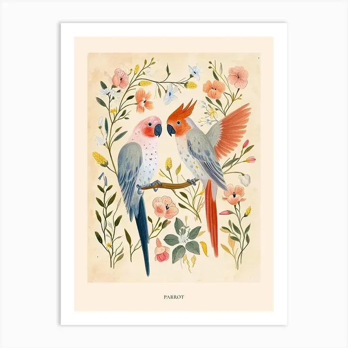 Folksy Floral Animal Drawing Parrot 2 Poster Art Print by Scribble Studio