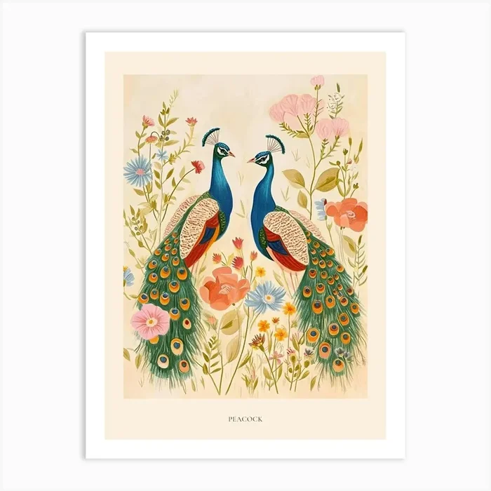 Folksy Floral Animal Drawing Peacock 4 Poster Art Print by Scribble Studio