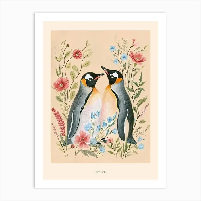 Folksy Floral Animal Drawing Penguin Poster Art Print by Scribble Studio