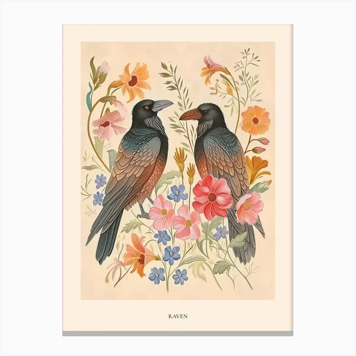 Folksy Floral Animal Drawing Raven 6 Poster Canvas Print by Scribble Studio