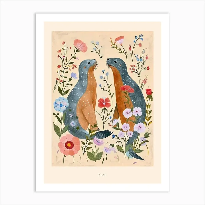 Folksy Floral Animal Drawing Seal 3 Poster Art Print by Scribble Studio