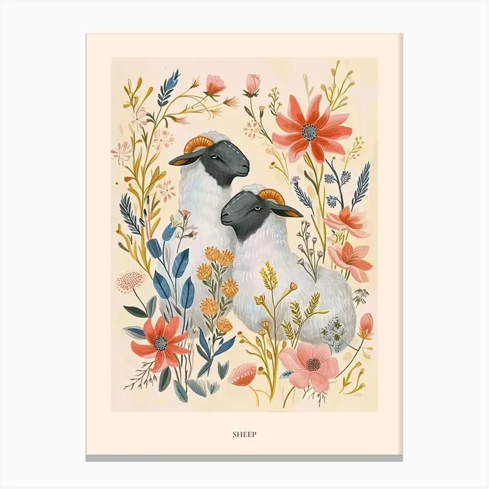 Folksy Floral Animal Drawing Sheep 2 Poster Canvas Print by Scribble Studio