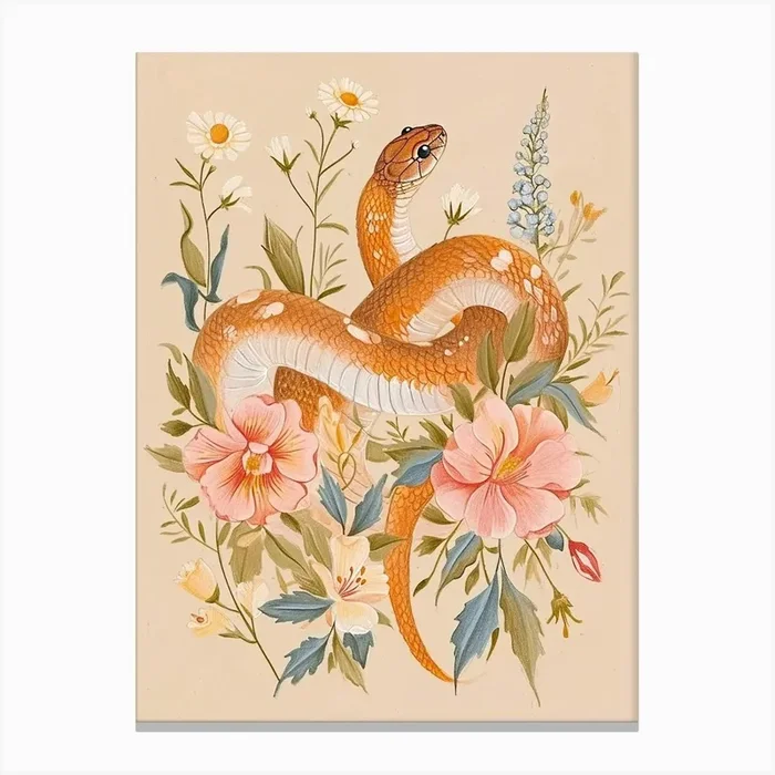 Folksy Floral Animal Drawing Snake 3 Canvas Print by Scribble Studio