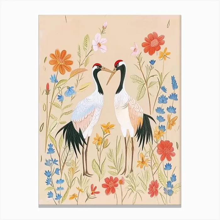 Folksy Floral Animal Drawing Stork Canvas Print by Scribble Studio