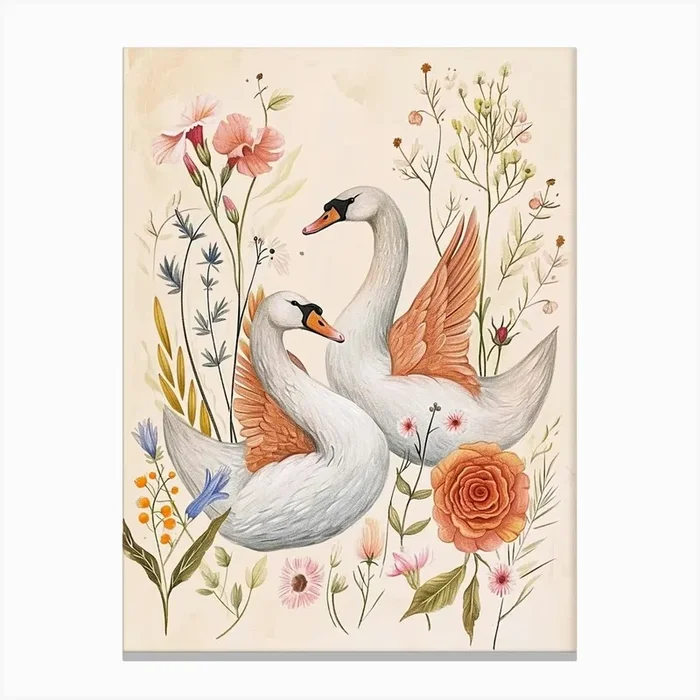 Folksy Floral Animal Drawing Swan 2 Canvas Print by Scribble Studio