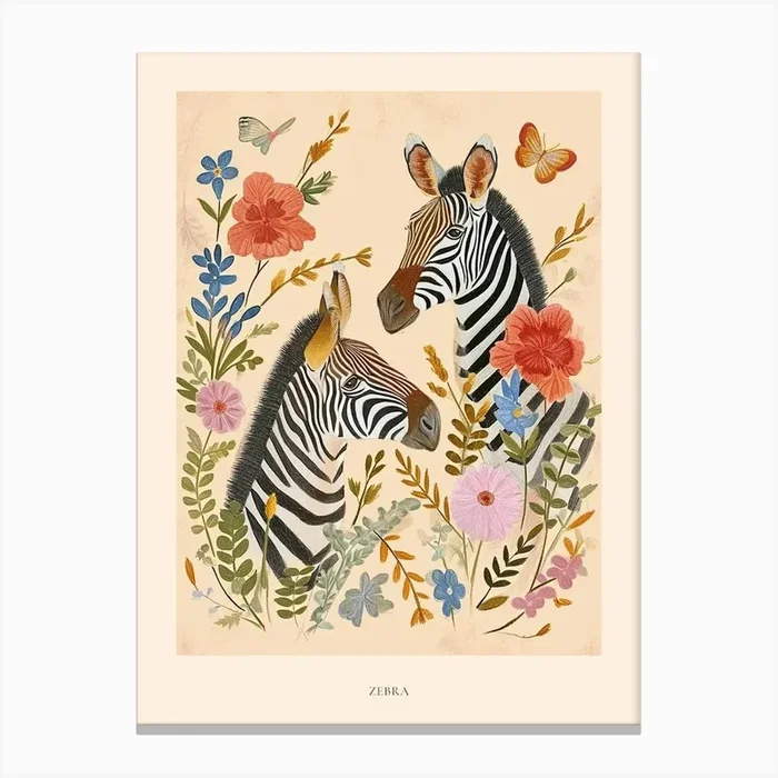 Folksy Floral Animal Drawing Zebra 3 Poster Canvas Print by Scribble Studio