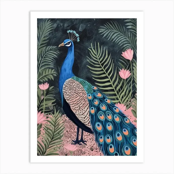 Folky Floral Peacock With The Big Leaves 2 Art Print by Featherline