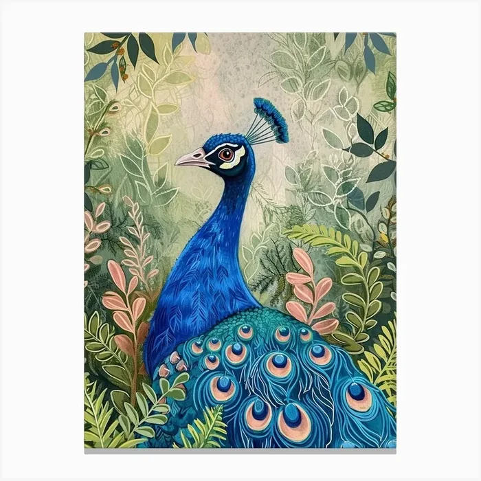 Folky Floral Peacock With The Winding Leaves 1 Canvas Print by Featherline
