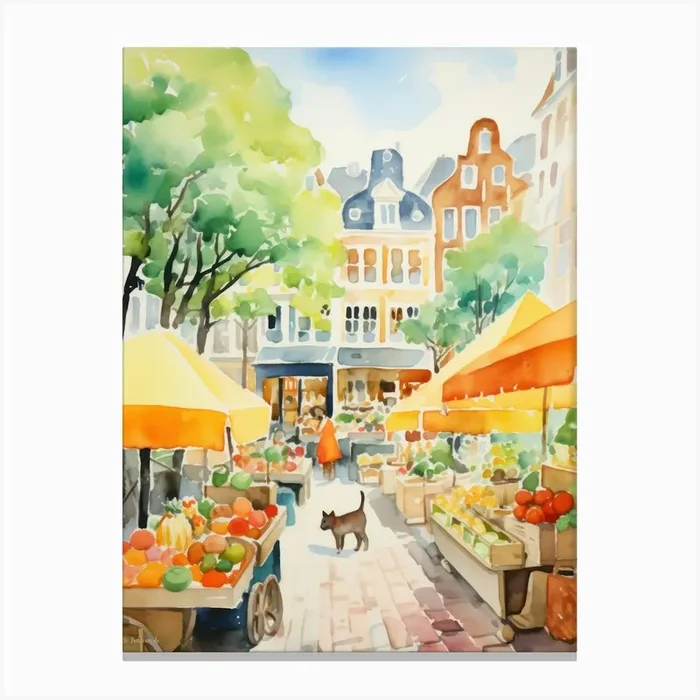 Food Market With Cats In Amsterdam 2 Watercolour Canvas Print by Purrfect Plates
