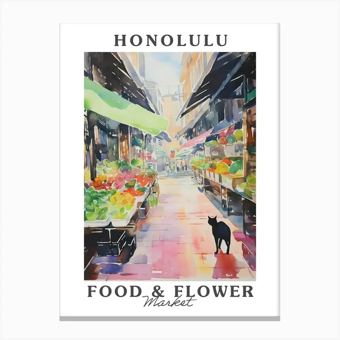 Food Market With Cats In Honolulu 1 Poster Canvas Print by Purrfect Plates